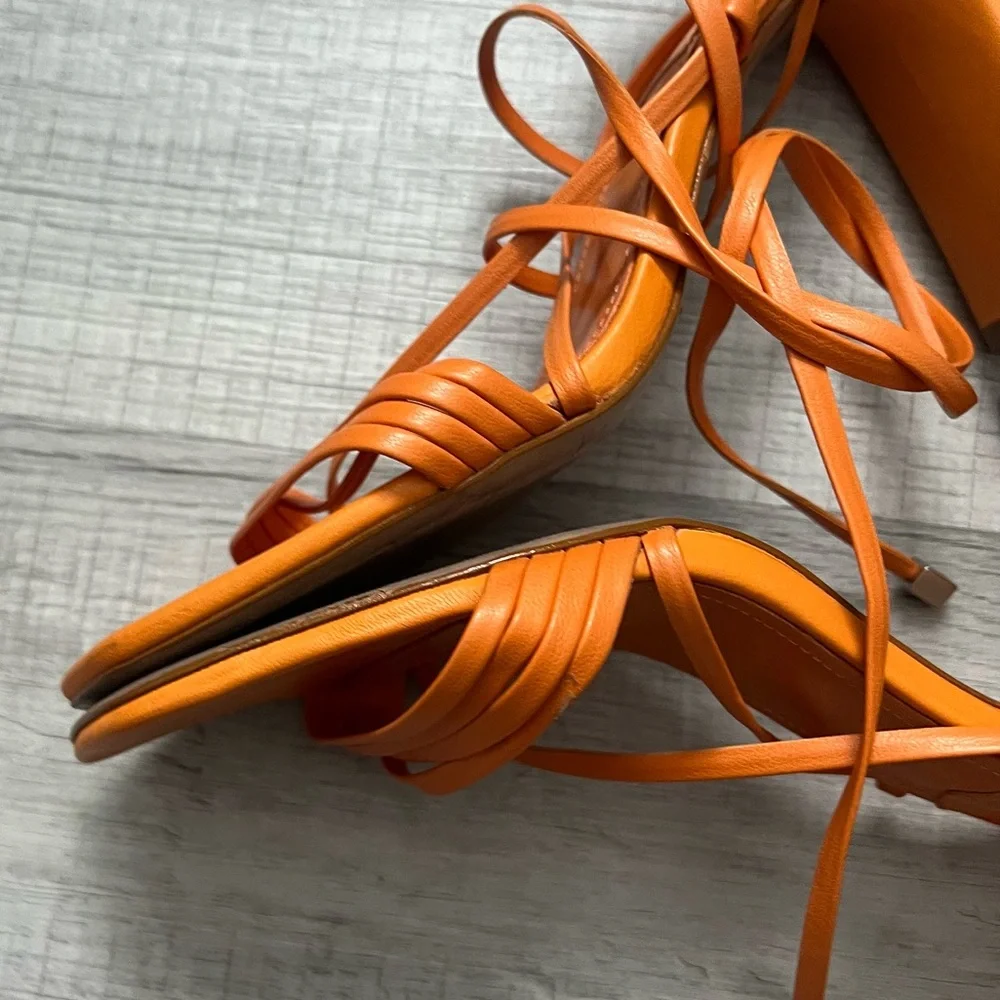 SCHUTZ Glenna Ankle Tie Sandal Bright Tangerine Orange Wrap Block Heel 8.5